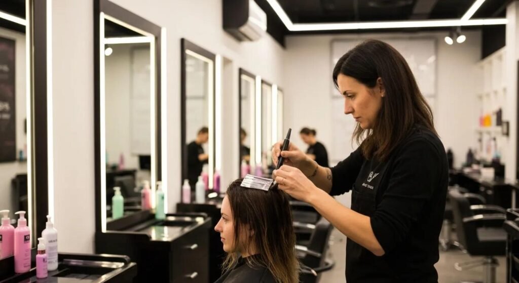 Stylist applying hair color in a modern salon, emphasizing personalized hair color services