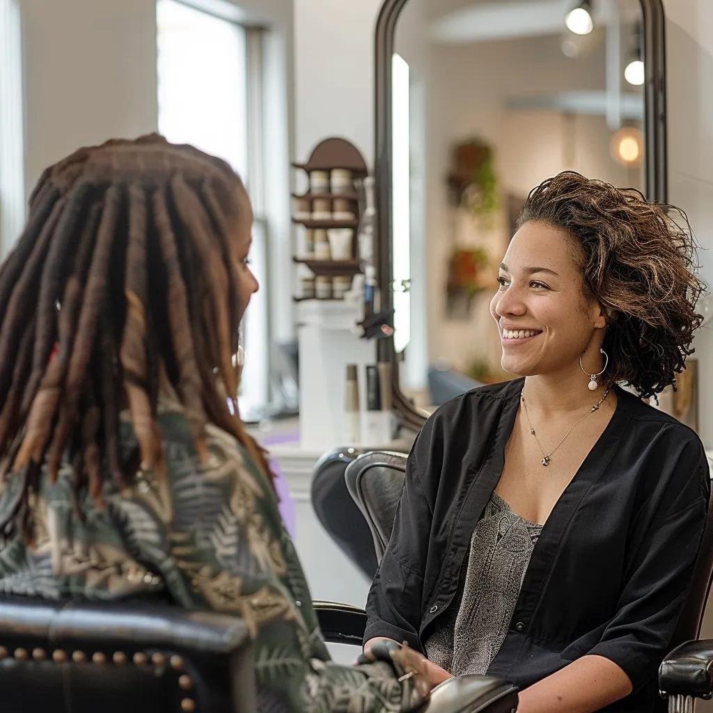 Stylist and client in a personalized consultation discussing hairstyle options