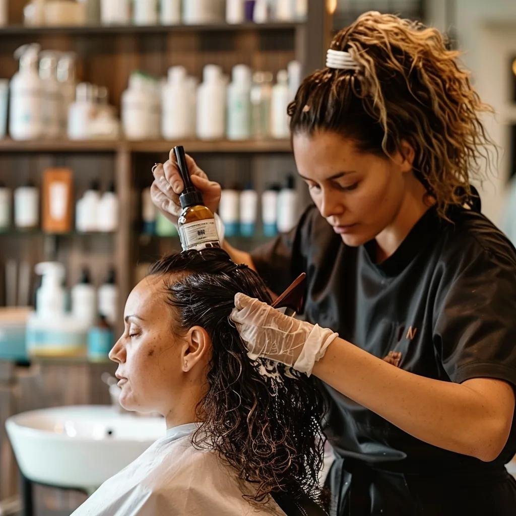 Stylist applying a specialized hair treatment to a client, highlighting personalized salon services