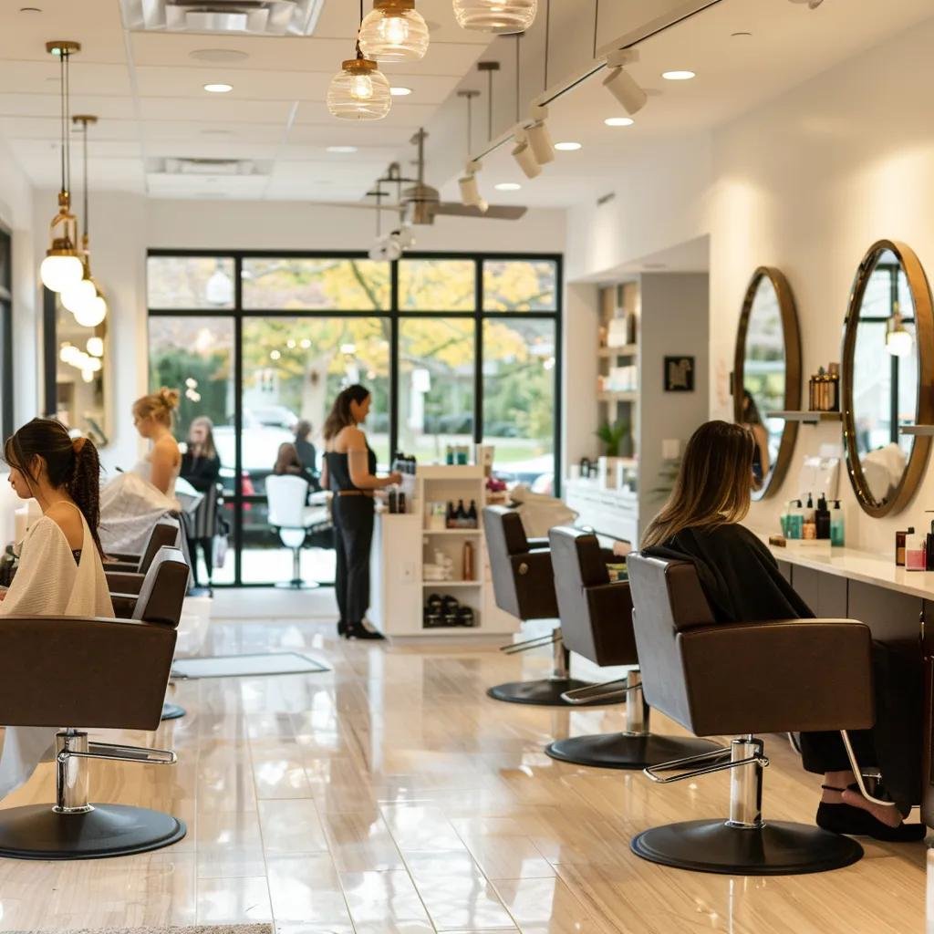 Hair salon interior in Bethesda with clients receiving hair services and stylists at work