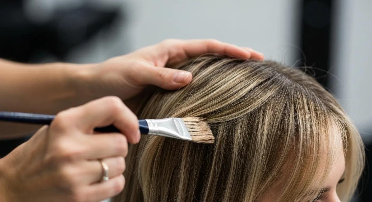 Stylist demonstrating balayage technique with natural highlights on client's hair