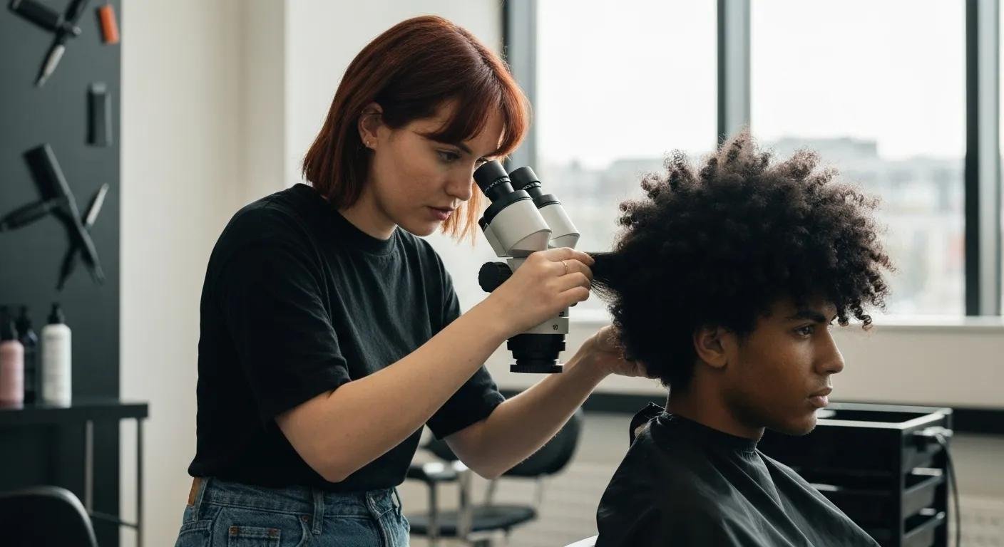 Stylist analyzing hair for color correction, showcasing professional hair color services