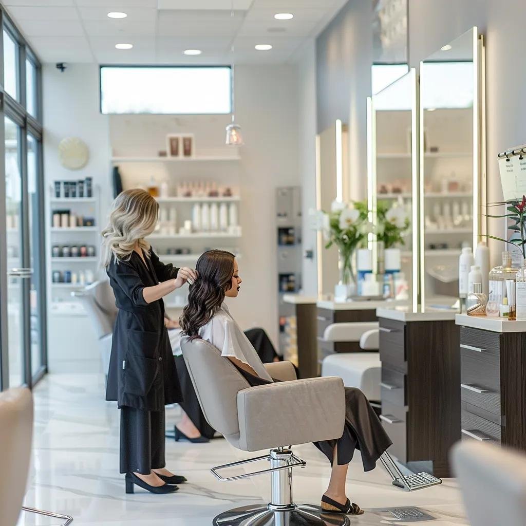 Stylish salon interior with a stylist attending to a client's hair, highlighting personalized hair care services