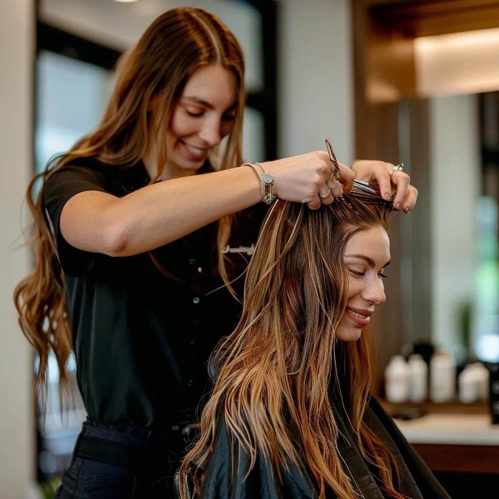 Stylist applying a keratin treatment to a client's hair in a salon setting