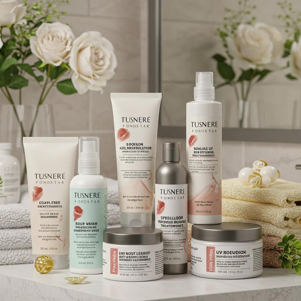 Array of hair care products for maintaining highlights, including sulfate-free shampoo and bond-building treatments, arranged aesthetically with soft towels and flowers in a salon setting.