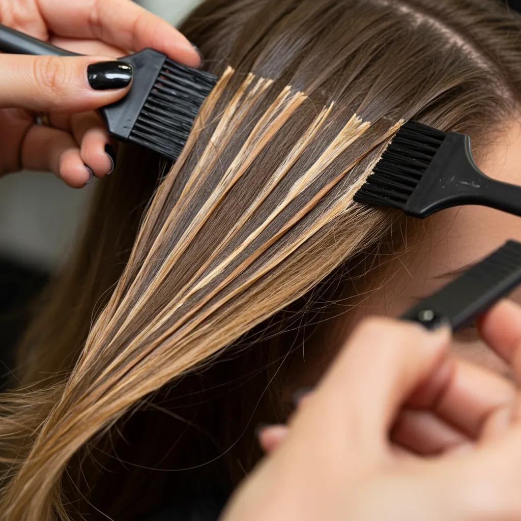 Stylist applying balayage highlights to hair, showcasing freehand painting technique for natural gradation and sun-kissed look.