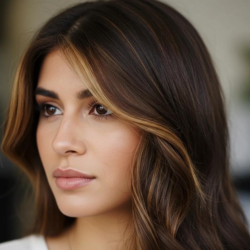 Close-up of a woman with caramel face-framing highlights enhancing her features, showcasing a natural glow and highlighting hair color suitable for brunettes.
