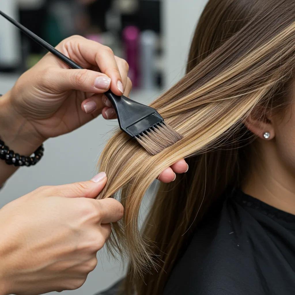 Close-up of a stylist applying balayage technique with a brush to create natural-looking highlights on a client's hair, showcasing the hand-painted method for soft, dimensional color transitions.