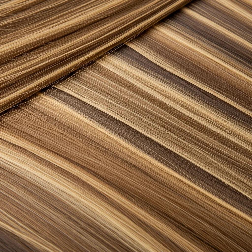 Close-up of hair strands showcasing various highlighting techniques, including balayage, full highlights, and face-framing accents, emphasizing dimension and brightness for hair in Bethesda salons.