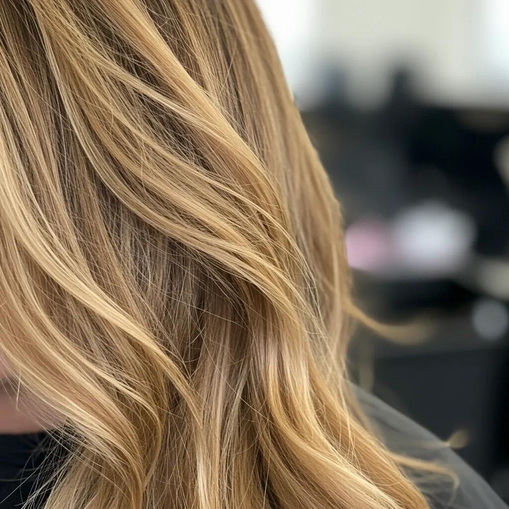 Close-up of hair showcasing full highlights with vibrant, dimensional color transformation, emphasizing lightened sections and smooth texture, ideal for clients seeking brightness and significant contrast.