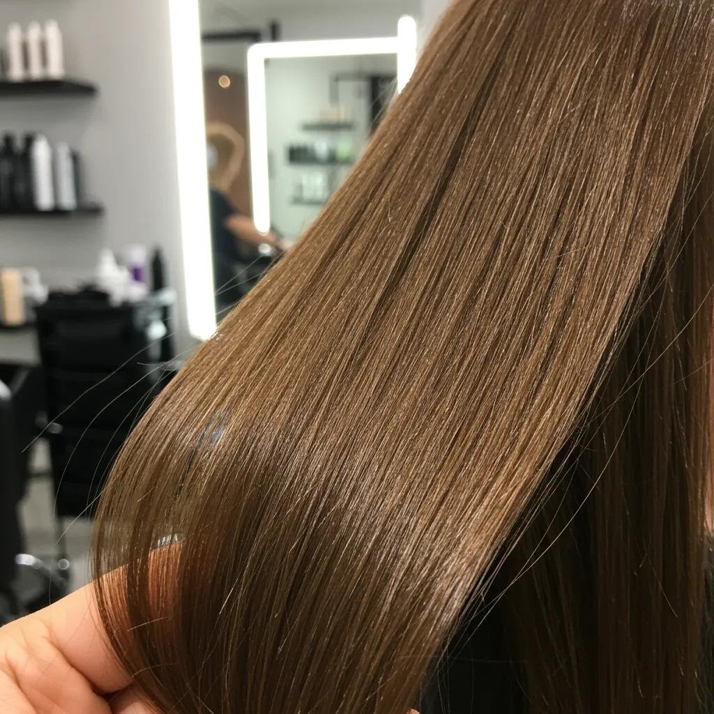 Close-up of shiny, smooth hair showcasing the results of a keratin treatment, highlighting reduced frizz and enhanced shine in a salon setting.