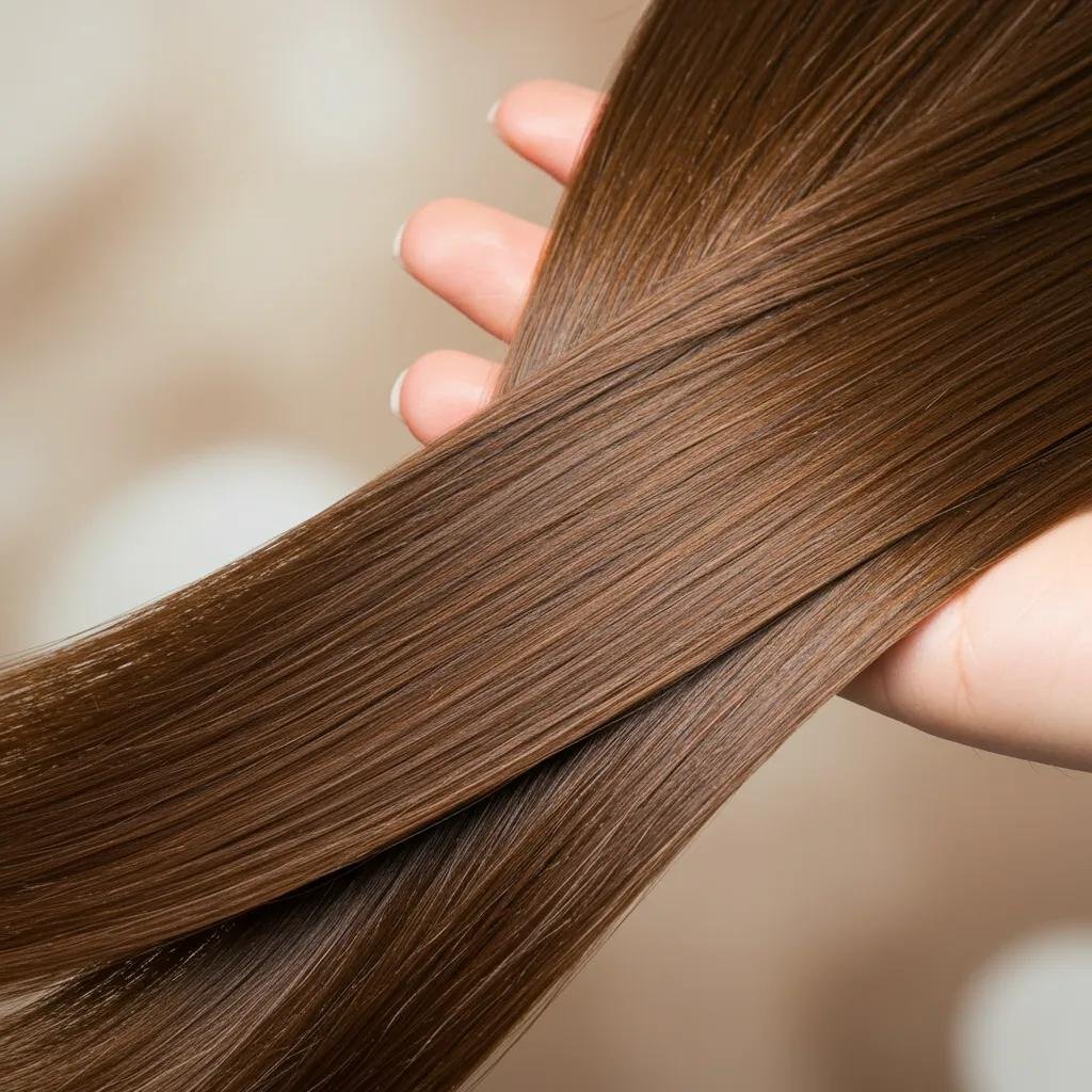 Close-up of smooth, shiny hair illustrating the benefits of keratin treatment, highlighting enhanced manageability and health for frizzy hair.