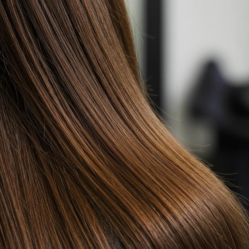 Close-up of smooth, shiny hair demonstrating the results of a keratin treatment for frizz-free, manageable styling.