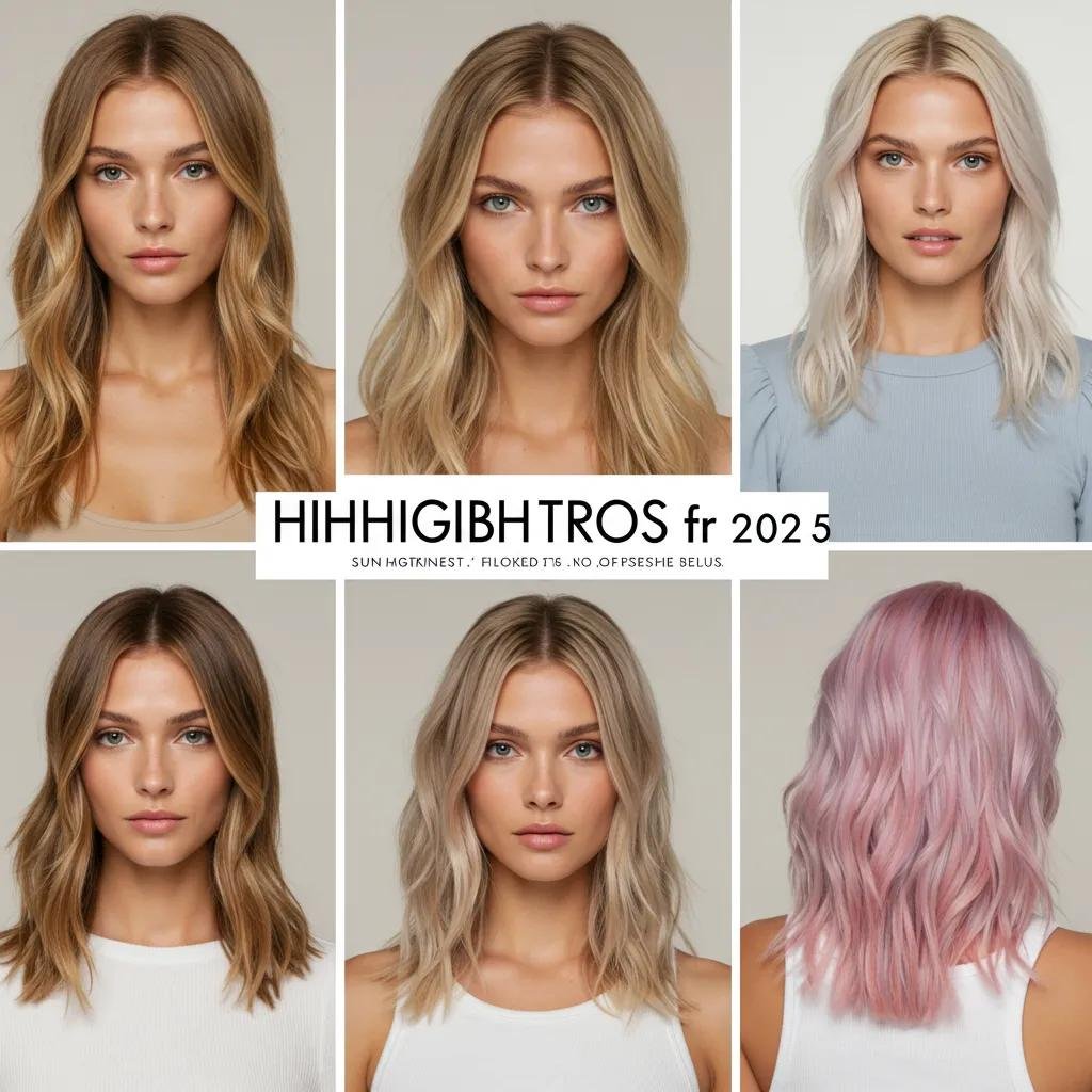 Collage showcasing 2025 hair highlighting trends with various styles, including warm caramel and honey blondes, blended dimension, and pastel pink accents on models.