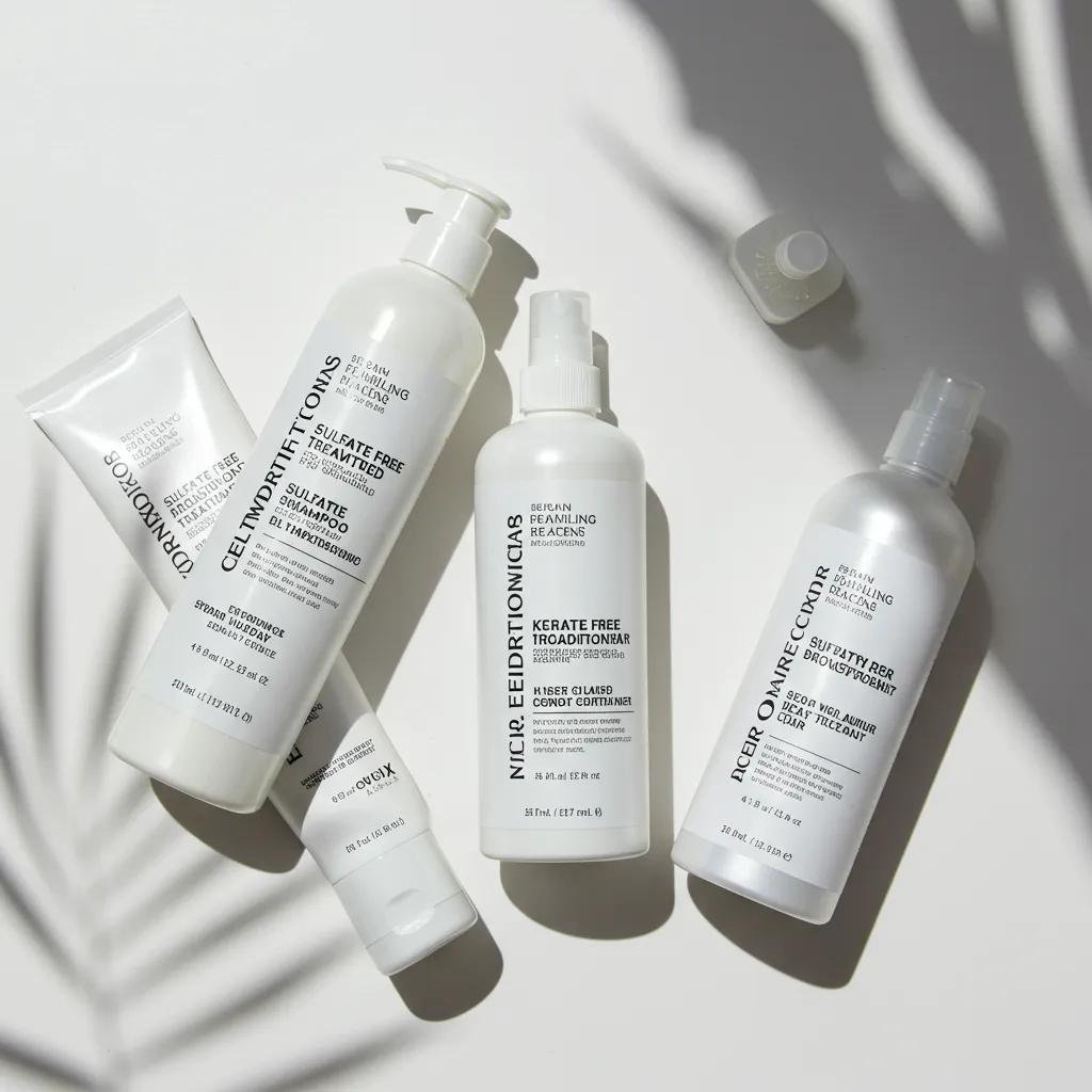 Flat lay of keratin-safe hair care products including sulfate-free shampoo, conditioner, and treatment options, highlighting aftercare for maintaining keratin treatments at Kylie Studio Salon.