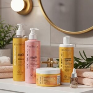 Hair care products for keratin treatment including sulfate-free shampoo, keratin-infused conditioner, and leave-in serum on a bathroom counter