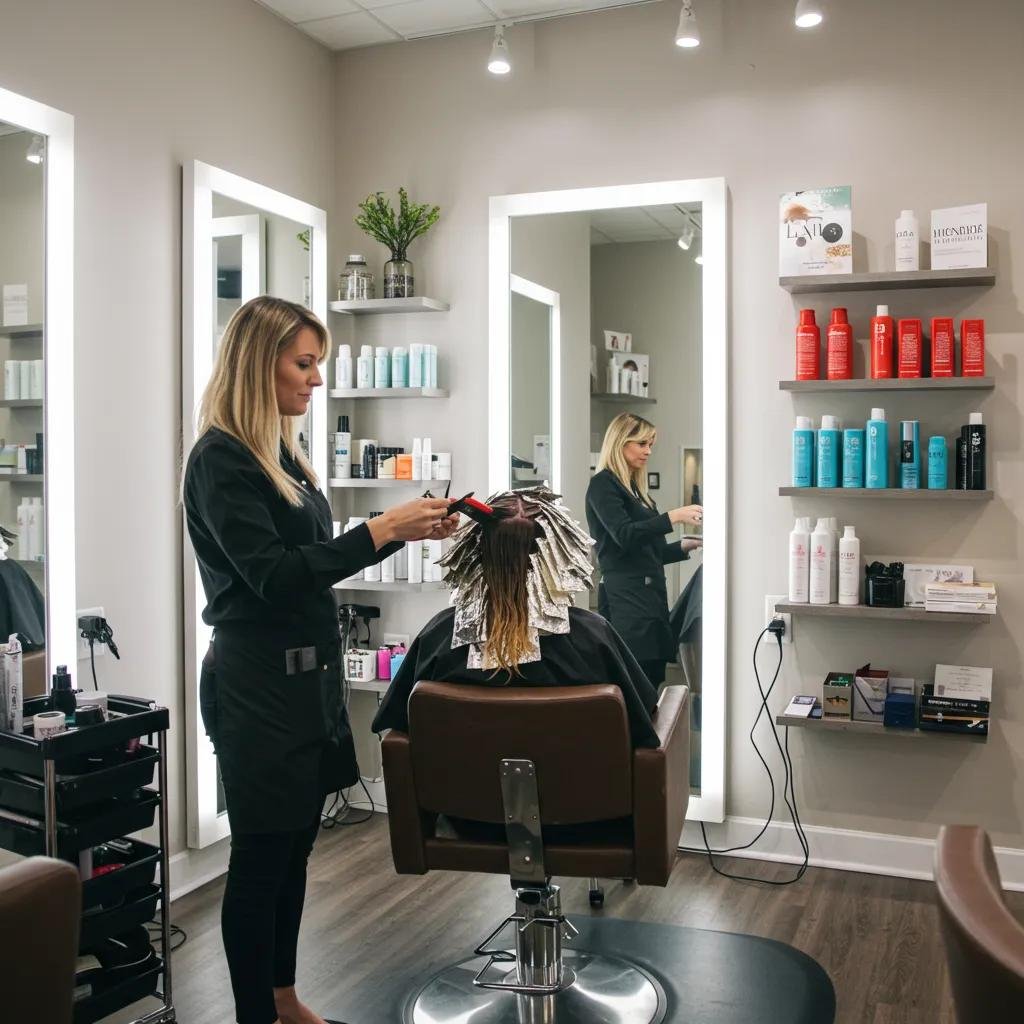 Modern hair salon in Bethesda with a stylist applying highlights to a client's hair
