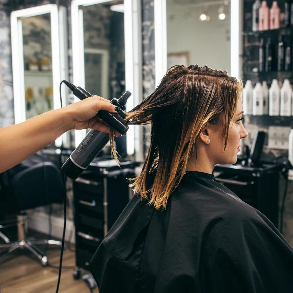 Professional hair salon in Bethesda, MD, with a stylist applying keratin treatment to a client's hair