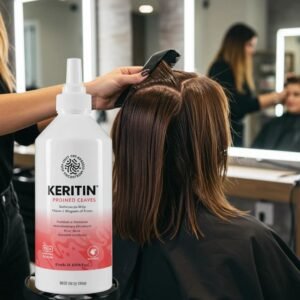 Professional salon scene with stylist applying keratin treatment to client's hair, emphasizing hair care and transformation