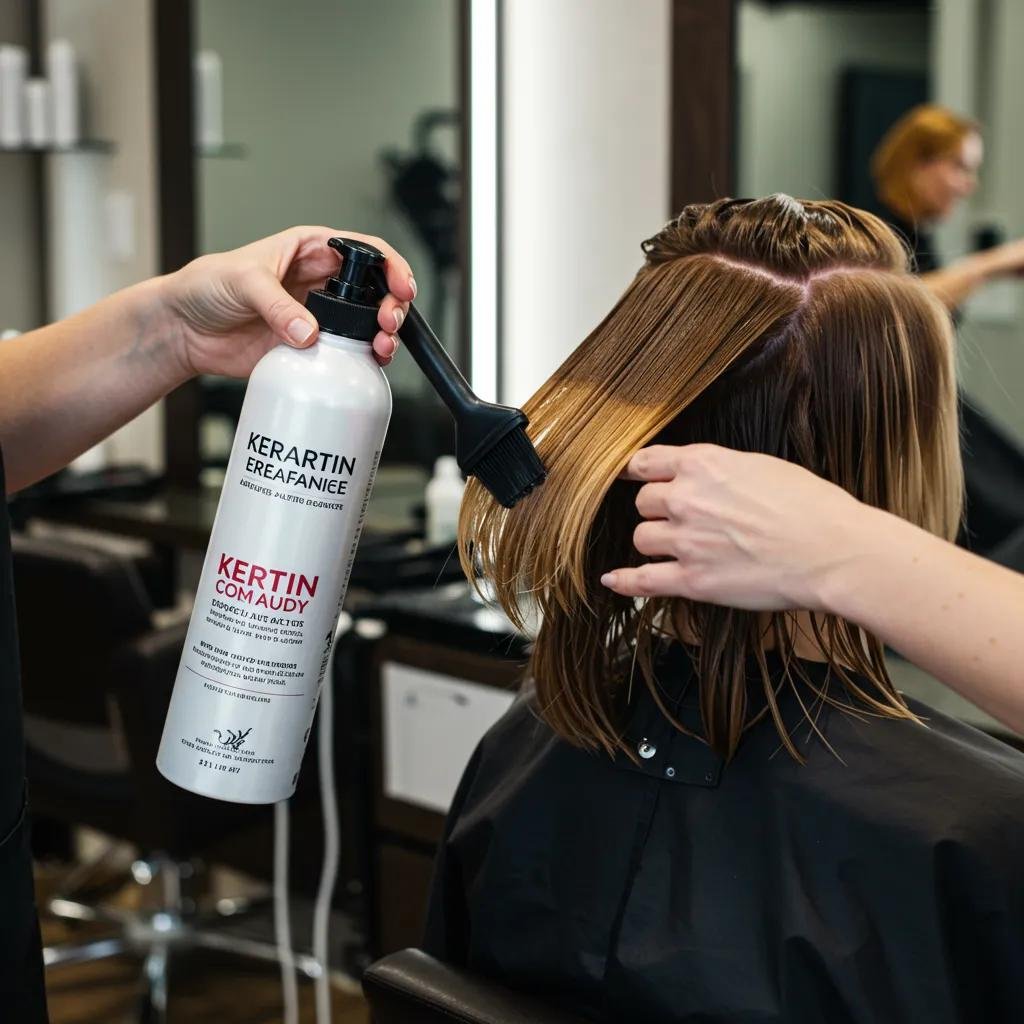 Professional stylist applying keratin treatment in a modern salon, highlighting hair repair and beauty