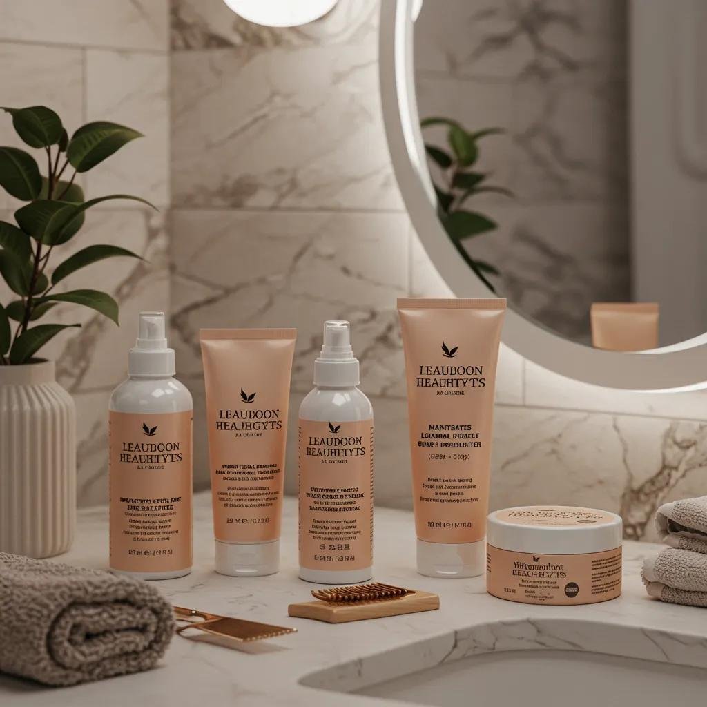 Selection of hair care products for maintaining natural-looking highlights, including conditioning treatments and bond-repair formulas, displayed on a marble countertop with a mirror and plant in the background.