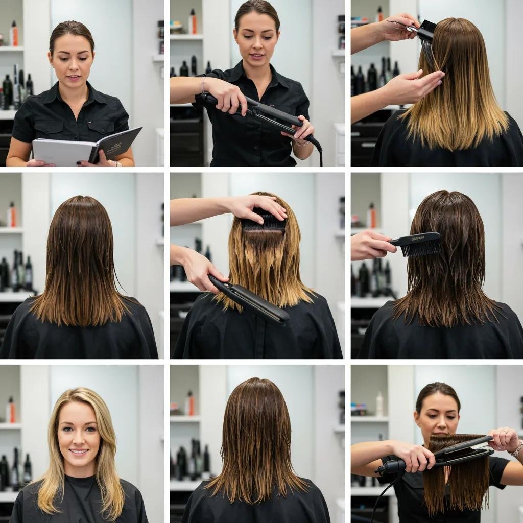 Step-by-step keratin treatment process at Kylie Studio Salon, featuring stylist consultation, application techniques, and final results showcasing smooth, frizz-free hair.