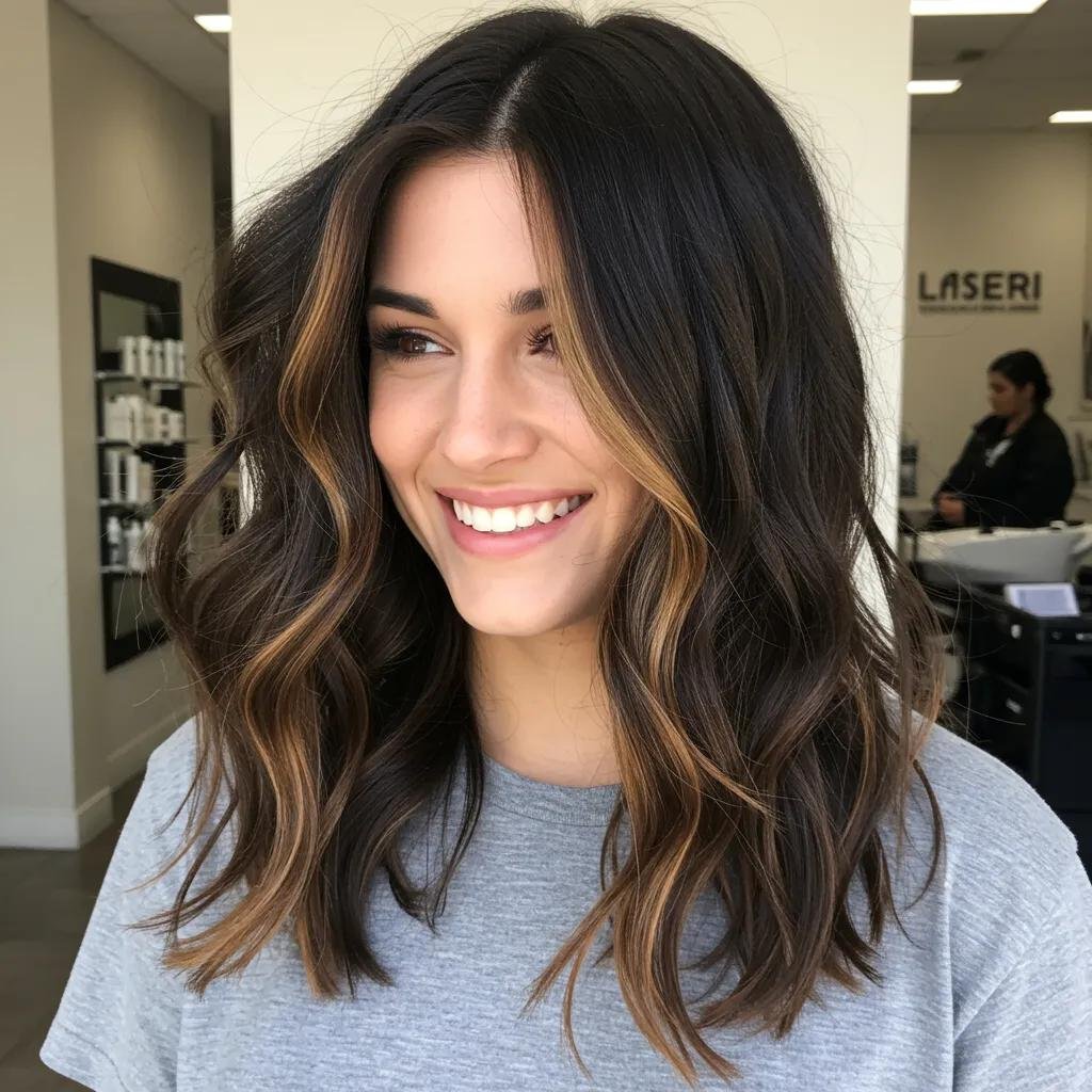 Stylish dark hair highlights in a salon setting, showcasing vibrant and natural-looking hair color