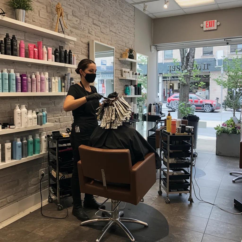 Stylish salon interior with a stylist applying hair highlights using foils on a client, showcasing vibrant hair color techniques and professional salon products in Bethesda, MD.