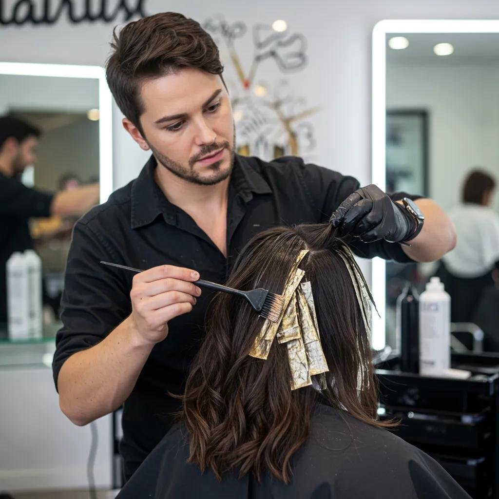 Stylist applying balayage highlights to dark hair using hand-painting technique in a modern salon setting, emphasizing dimensional color and natural-looking results.