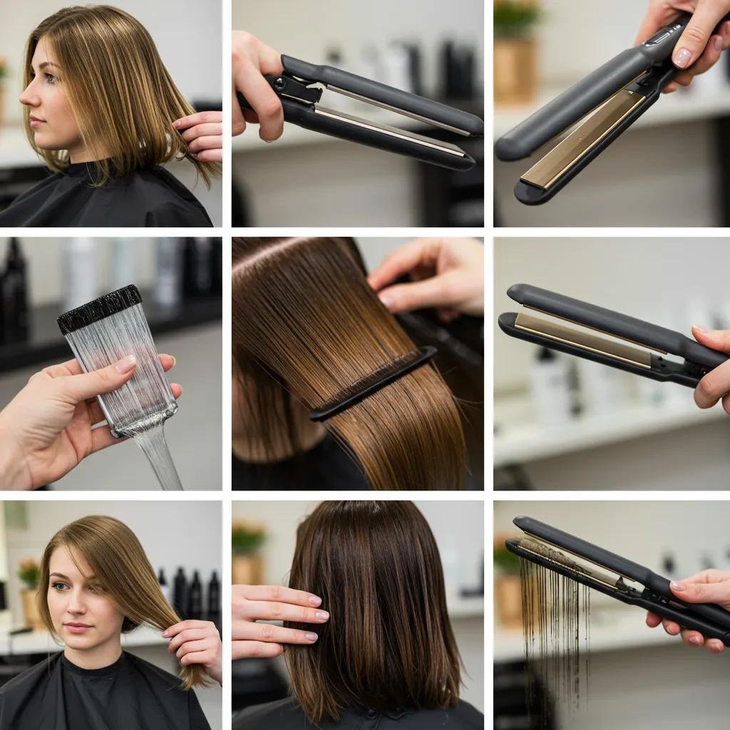 Stylist applying keratin treatment using flat iron on hair, demonstrating heat sealing process for damage repair and improved manageability in professional salon setting.