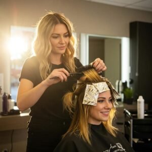 Stylist applying natural looking highlights in a bright salon setting