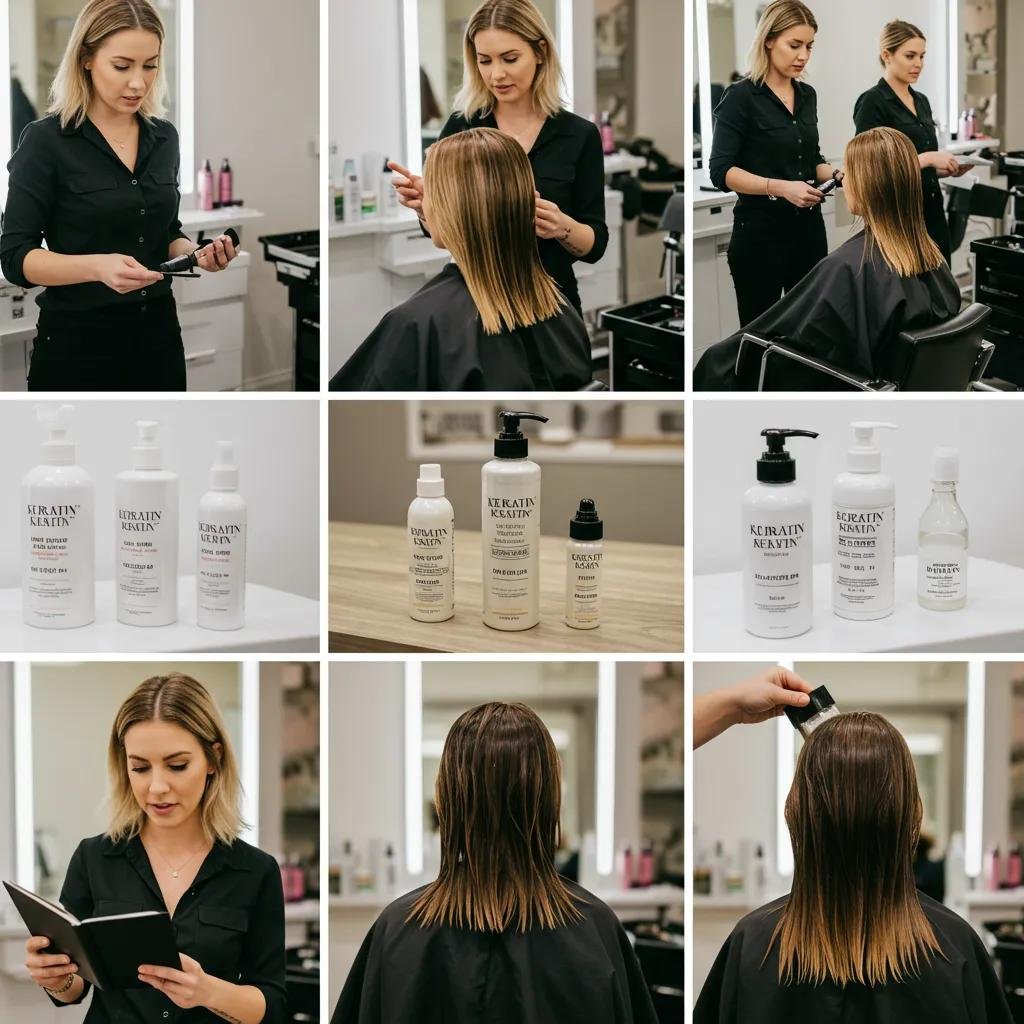 Stylist consulting with client during keratin treatment application, showcasing personalized hair care process with professional products displayed, emphasizing smoothing and frizz reduction techniques at Kylie Studio Salon.