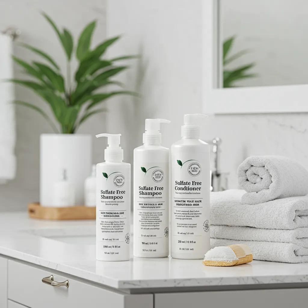 Sulfate-free shampoo and conditioner bottles on a bathroom counter, emphasizing hair care for keratin-treated hair, with neatly rolled towels and a plant in the background.