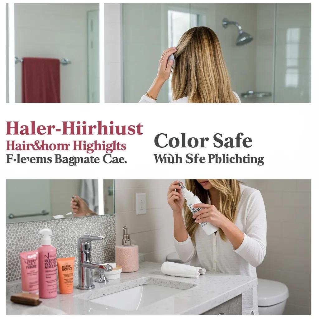 Woman applying color-safe hair product in a bright bathroom, promoting maintenance of hair highlights, with visible hair care products on the counter.