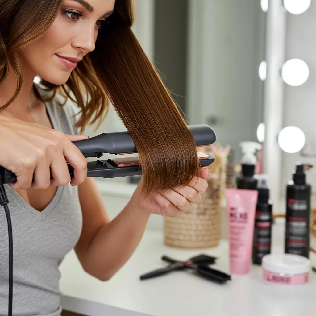 Woman using a ceramic flat iron on keratin-treated hair, demonstrating safe heat styling practices with salon-recommended hair care products visible in the background.