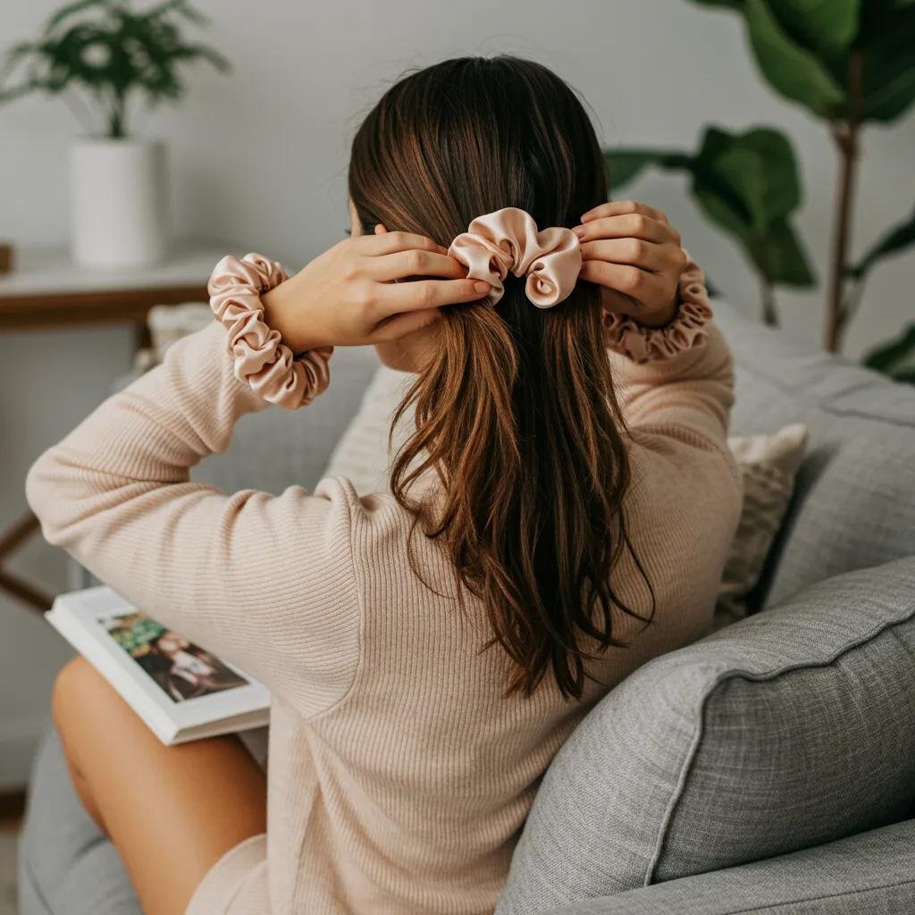 Woman using a silk scrunchie to loosely tie her hair while relaxing on a sofa, emphasizing gentle hair care and lifestyle adjustments for maintaining keratin treatment benefits.