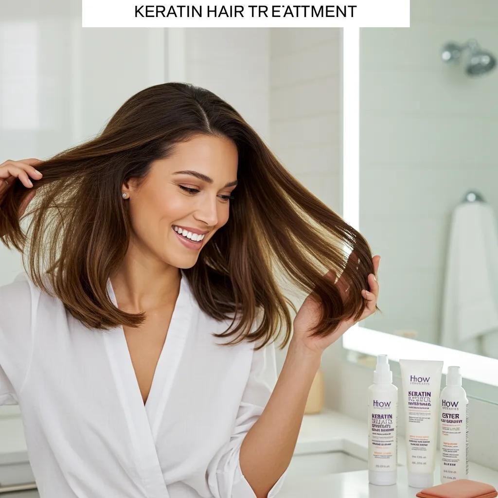 Woman smiling and showcasing smooth, shiny hair in a modern bathroom, highlighting effective keratin treatment aftercare with visible hair care products.