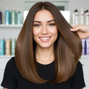 Woman with smooth, shiny hair in a modern salon, representing keratin treatment aftercare