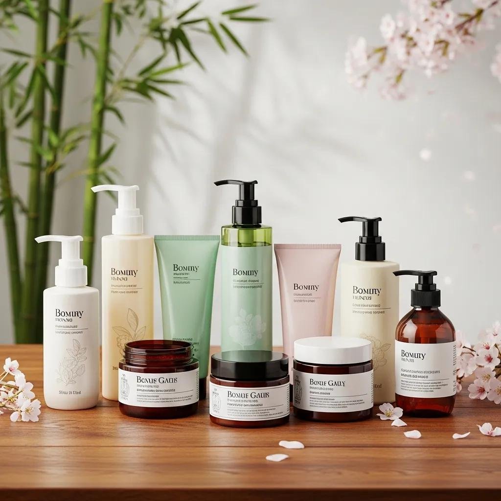 Neatly arranged Korean and Japanese hair-care products on wood, with subtle cultural touches like bamboo and blossoms