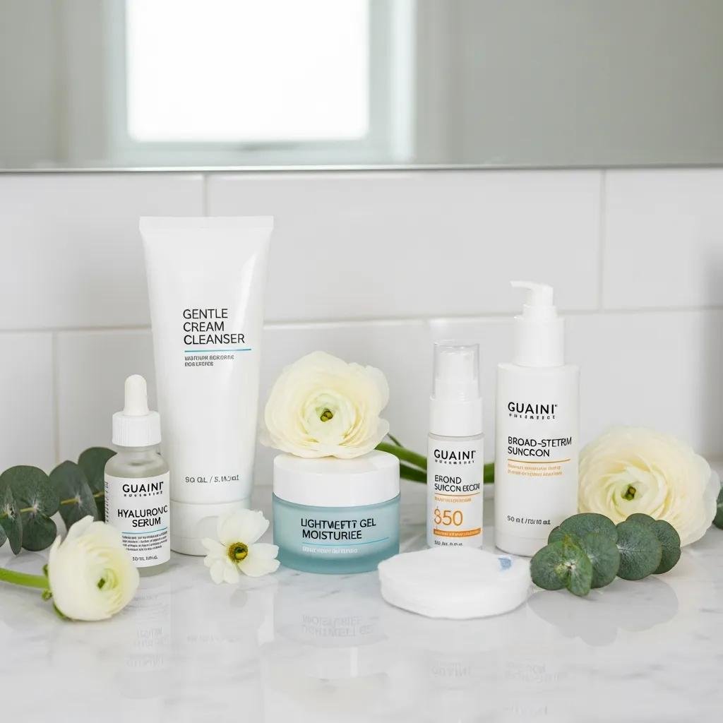 Beginner skincare products including cleanser, moisturizer, and sunscreen on a bathroom counter