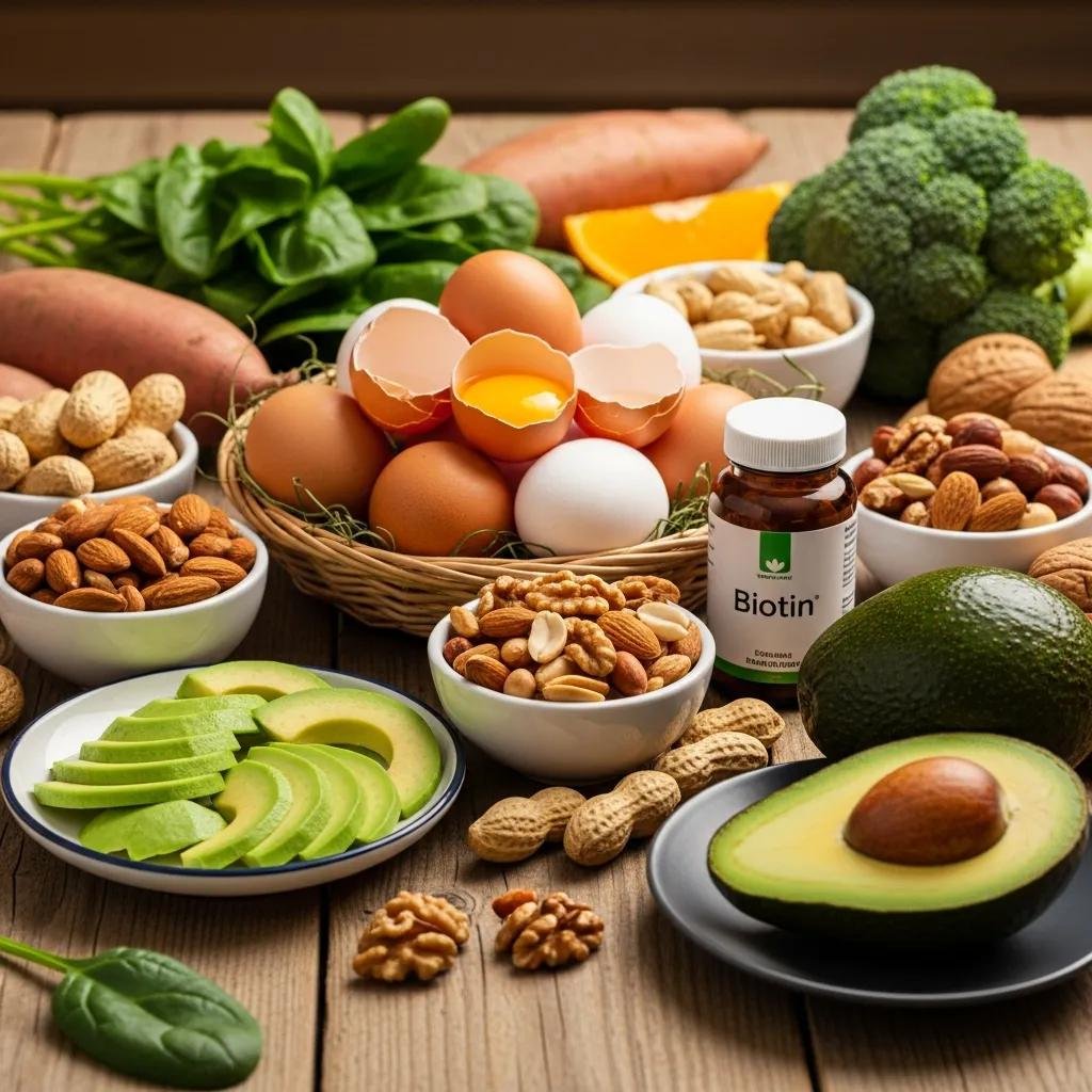 Eggs, nuts and avocados shown with biotin supplements to illustrate dietary and supplemental sources of vitamin B7