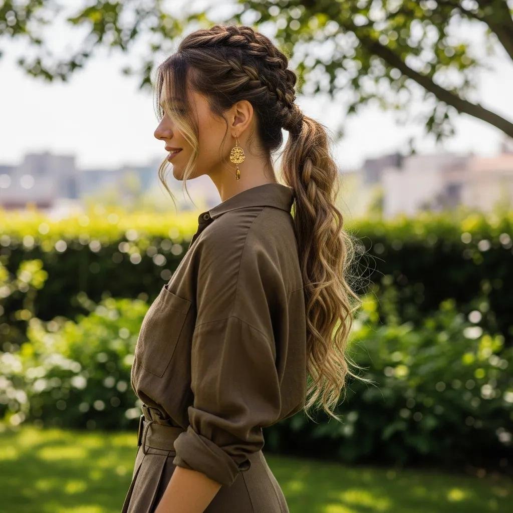 Casual braided ponytail with textured detail, styled outdoors for a relaxed yet polished look