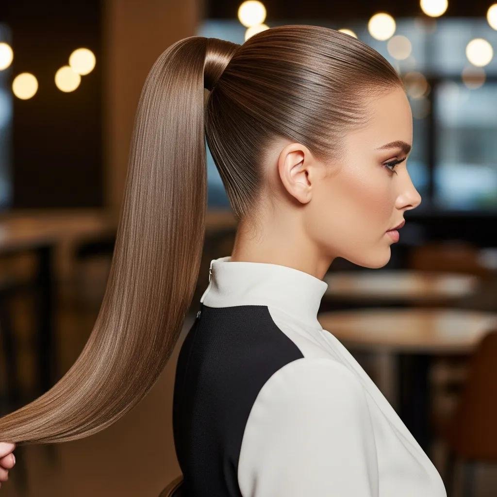 Chic modern ponytail hairstyle on a model, showcasing elegance and versatility for various occasions