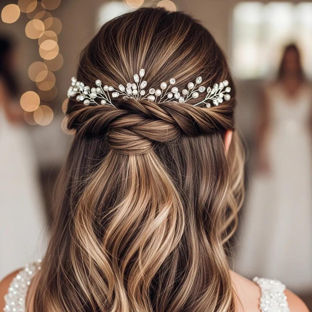 Close-up of a half-up half-down hairstyle with delicate accessories