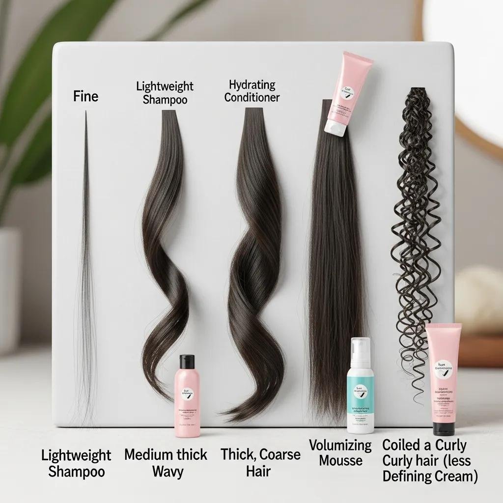 Close-up view of different Asian hair textures next to corresponding hair-care products, showing how structure informs product choice