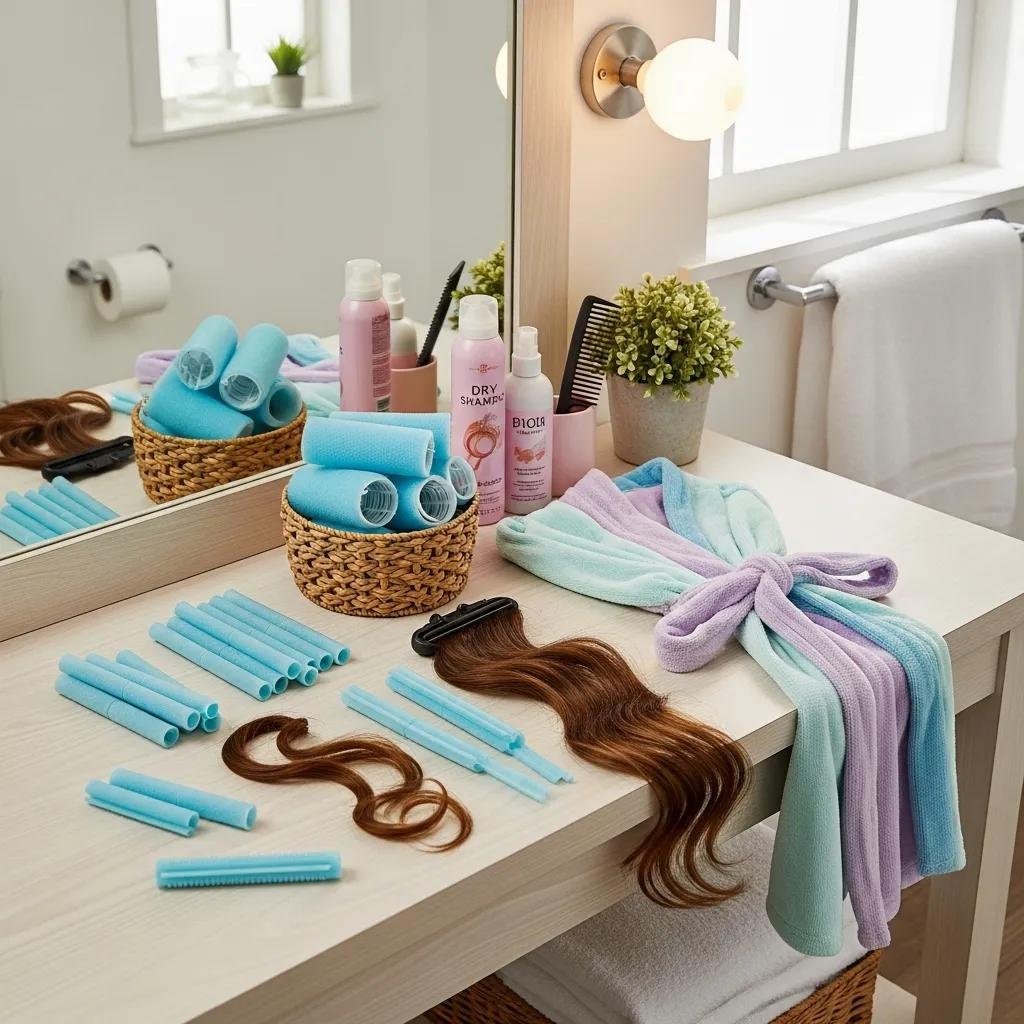 Assortment of heatless curling methods for long hair arranged in a cozy bathroom setting