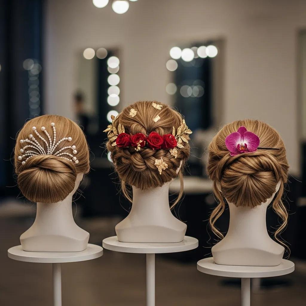 Three elegant updos displayed with delicate accessories