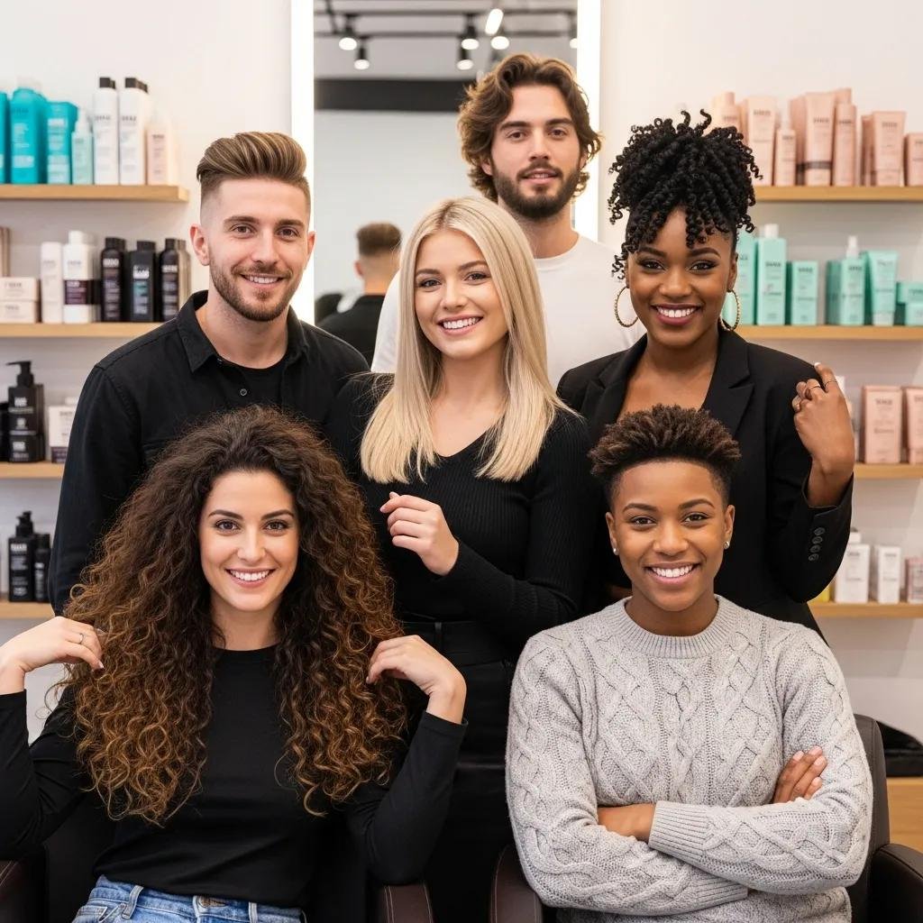 Diverse group of individuals in a salon, showcasing healthy and styled hair, representing solutions for hair thinning and loss