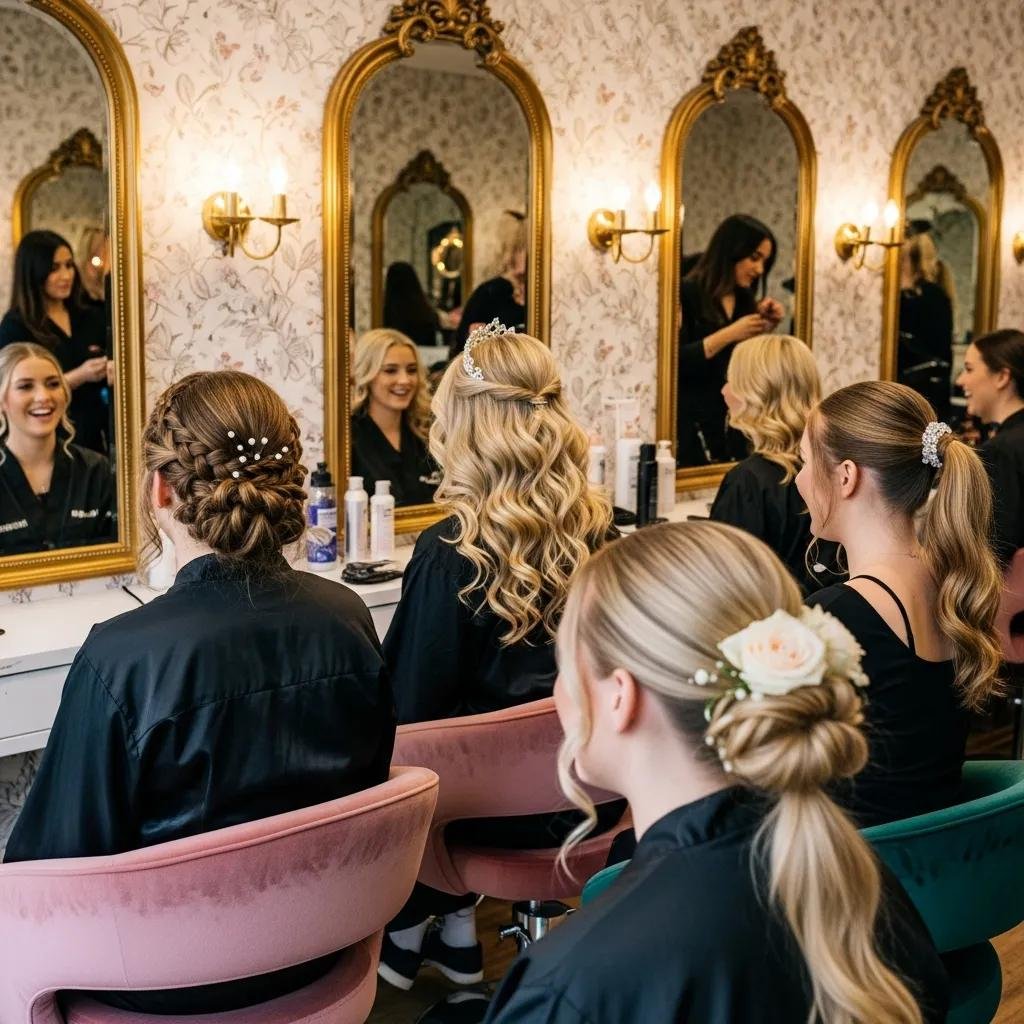 Diverse group of young women with elegant prom hairstyles in a salon setting