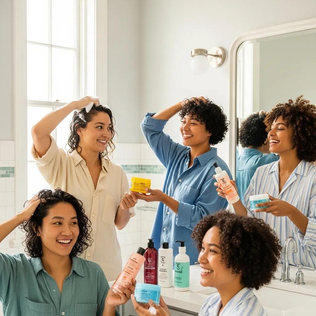 Diverse individuals with Asian hair types using hair care products in a bright bathroom, showcasing healthy hair and self-care